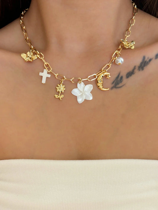 Collier Fleur Nacrée &amp; Lune - Acier Inoxydable